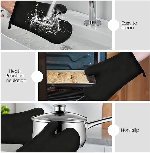 Lot de 2 Gants de Four en Coton Résistants à la Chaleur 29x17 cm, Gant de Cuisine Anti-Chaleur pour la Cuisine et la Pâtisserie, Oven Gloves Protection Hautes Températures Noir - Nail Gallerys