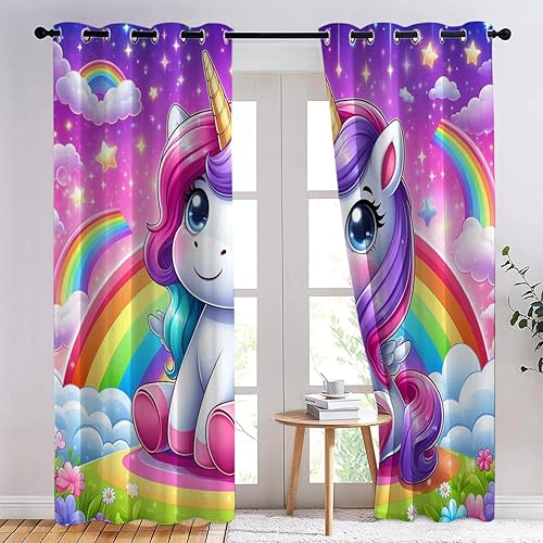 Rideaux Occultants Oeillets - 2 Panneaux 75x166cm, Licorne sportive arc-en-ciel de dessin animé Rideau, Rideaux Isolant Thermique en Fibre Polyester pour Chambre D'Enfant et Salon Décore, Coloré - Nail Gallerys