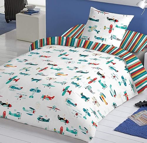 Housse de couette réversible pour enfant/adolescent Motif avions pour lit de 105 cm (180 x 260 cm largeur) - Nail Gallerys