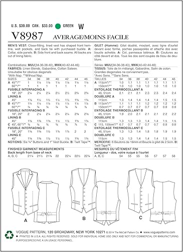 Vogue Patterns V8987 Muu 34/36/38/40 Gilet pour Homme Multicolore - Nail Gallerys