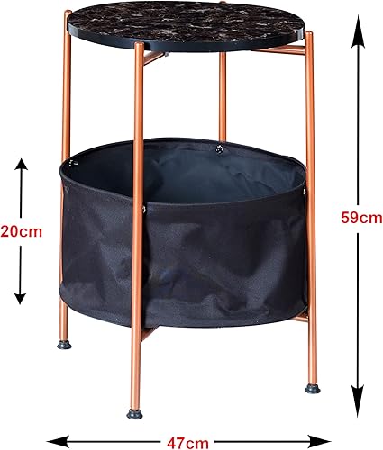 [en.casa] Table d'Appoint Ronde Bout de Canapé avec Panier de Rangement Panneau de Particules Métal Polyester 59 x 47 cm Marbre Noir Bronze Noir - Nail Gallerys
