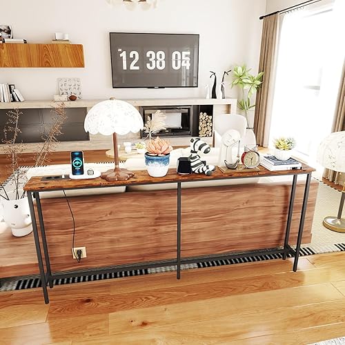 ZZINOKE Table Console avec Station de Recharge, 160cm Table Console Étroite, Tables Consoles de Salon, Meuble Entree Couloir, Meuble de Salon, 160×20×80.5cm, Marron Vintage - Nail Gallerys