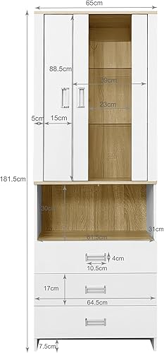 Merax Vitrine 181,5 x 65 x 35 cm, moderne, avec portes en verre, éclairage LED réglable, 3 tiroirs, 2 portes, pour salon et bureau, blanc + grain de bois - Nail Gallerys