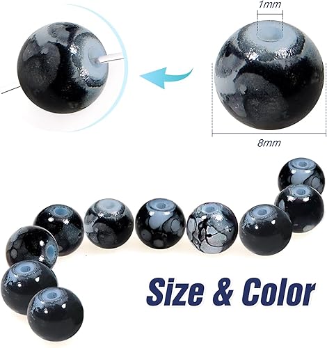 TOAOB Lot de 100 perles rondes en verre craquelé de 8 mm - Noir - Effet marbré - Perles naturelles - Pour bricolage, bracelets, colliers, fabrication de bijoux - Nail Gallerys