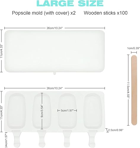 Moule à Glace Maison en Silicone, Grande Moule Magnum Cake, 2 Pièces Popsicle, Moule à Dessert, Crème Glacée, Sans BPA 2 Couvercles et 100 Bâtonnets en Bois (blanc) - Nail Gallerys