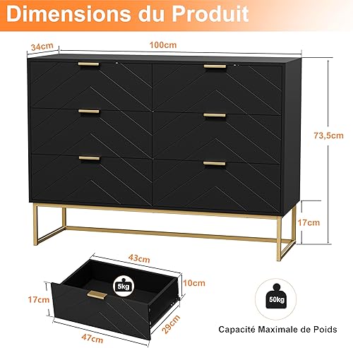 UEV Commode avec 6 Tiroirs 100cm, Meuble de Rangement, Motif de Lignes, Style Scandinave Elégant, pour Salon, Chambre, Salle à Manger, 100x34x73,5cm, Bleu Marine - Nail Gallerys
