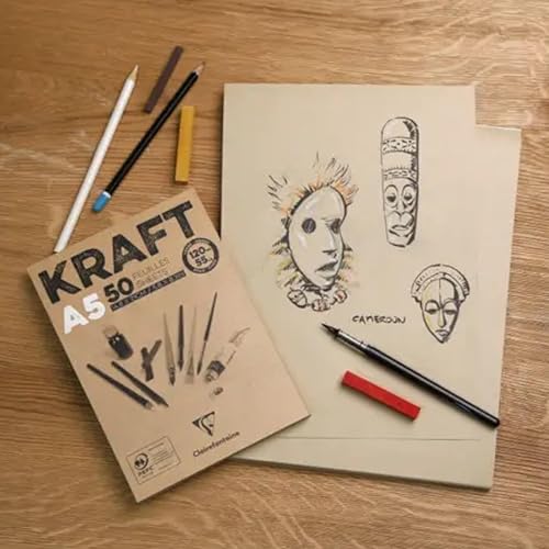 Clairefontaine 975815C Bloc Encollé Papier Kraft - 50 Feuilles Papier Kraft Vergé Brun A4 21x29,7 cm 120g - Papier Double Face pour le Croquis et le Dessin - Nail Gallerys