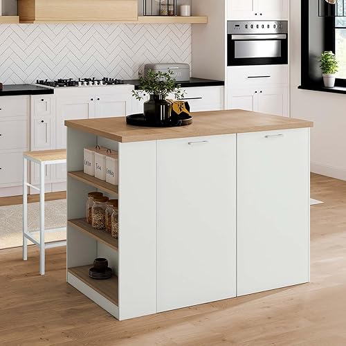 IDMarket - Ilot central TIBO 120 cm bois blanc avec plan de travail façon hêtre - Nail Gallerys