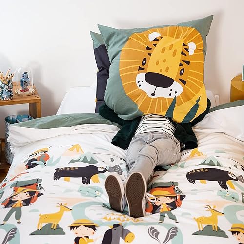 Parure de lit Enfant Réversible Lion et Ours: Housse de Couette 140x200cm + 1 taie d'oreiller 63x63cm 100% Coton adouci - Nail Gallerys