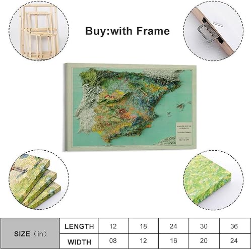 UNSGA Poster de carte d'Espagne vintage en relief - Impression sur toile - Décoration murale moderne pour chambre à coucher - 60 x 90 cm - Nail Gallerys