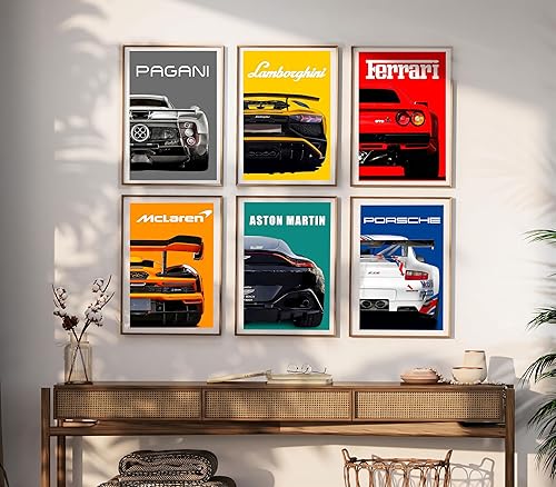 PDQOE Lot de 6 affiches de voiture de Supercar - Impressions d'art pour murs - Décoration murale vintage pour chambre de garçon (sans cadre, 20,3 x 30,5 cm) - Nail Gallerys