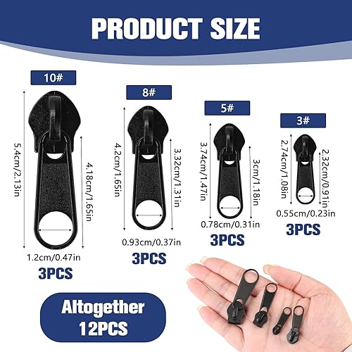 Curseurs Fermeture Éclair Noirs, 12 Remplacement Tête Amovible Réutilisable Fermetures Séparables Glissières Détachables Zip Fermeture pour Vestes Manteaux Valises Sacs Tentes Bagages - Nail Gallerys