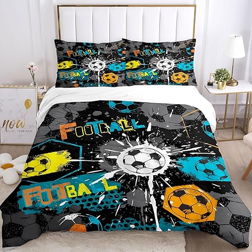 BNREDA Housse de Couette Football 220x240cm,Doux et Confortable Parure de lit Football, pour Adultes et Enfants avec 2 Taies d'oreiller 50x75cm (Football-A, 220x240cm) - Nail Gallerys