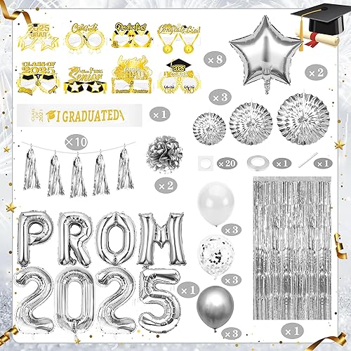 Creerluces Décorations de bal 2025 argentées - Bannière de ballons à pompons et fleurs pour remise de diplôme, lycée, remise de diplôme, classe de 2025 - Décorations de fête de nuit (multicolore) - Nail Gallerys