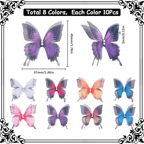 SUNNYCLUE 1 boîte 80 pièces Breloques Papillon Breloques Ailes Colorées Breloques Papillons Mur 3D Papillon Organza Ornements Papillon Breloque Papillon en Tissu 2 couches Ailes de Papillon pour Décor - Nail Gallerys
