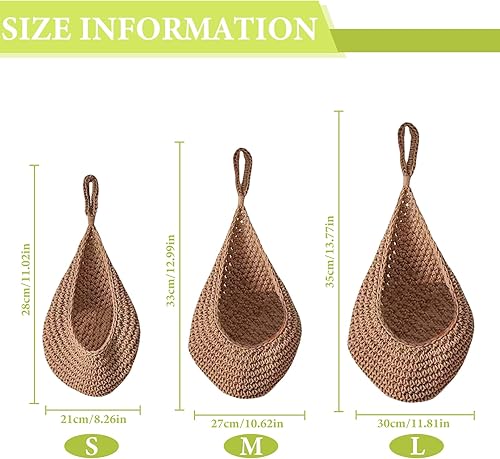 MEYAGOT Lot de 3 corbeilles à fruits suspendues - Corbeille à fruits suspendue - Panier mural pour cuisine, salon, salle de bain - Corde en coton naturel - Marron - Nail Gallerys