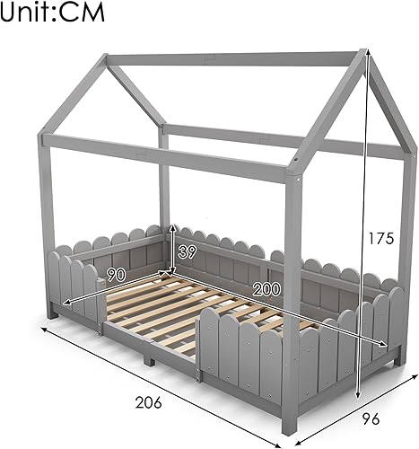 Zepneiy Lit Cabane Enfants 90x200, Lit Enfant avec Protection antichute, Lit Simple avec sommier à Lattes, Lit Montessori en Bois Gris (sans Matelas) - Nail Gallerys
