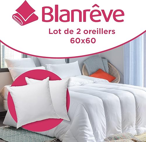 Blanrêve - Lot de 2 Oreillers Confort - Fibres synthétiques - Maintien souple et moelleux pour un endormissement sur le ventre ou sur le dos - Fabriqué en France - 60x60 cm - 450Gx2 - Nail Gallerys