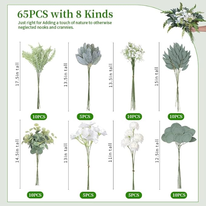65pcs Fleurs Artificielles, Bouquet Faux Fleurs Blanches et Feuilles Vertes, Décoration DIY Mariage Maison Bureau, Plantes Artificielles Réalistes, Arrangement Floral, Fête, Cuisine, Artisanat - Nail Gallerys