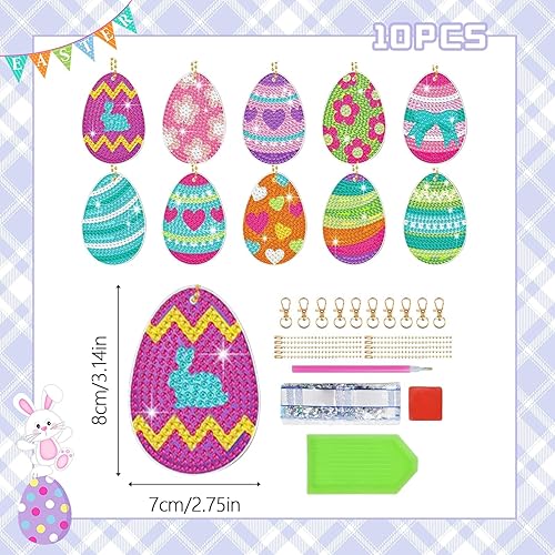 ARTGUTS Lot de 10 peintures diamant œufs de Pâques - Peinture diamant 5D pour enfants et porte-clés - Thème Pâques - Porte-clés - Nail Gallerys
