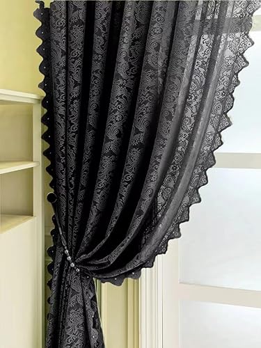 F-CHU Rideaux en dentelle pour fenêtres de 137,2 cm de haut, voilages vintage pour vieille maison, rideaux transparents de style shabby chic, 2 panneaux (140 cm de large x 183 cm de hauteur) - Noir - Nail Gallerys