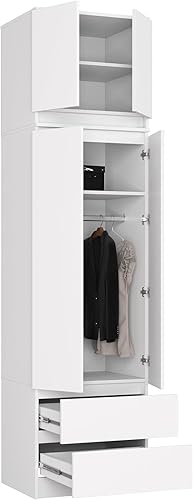 AKORD Armoire 4 Portes | Armoir Chambre 2 Tiroirs avec Etagères et Une Tringle | Armoire sans Penderie Chambre | Dressing Rangement Placard | Qualité supérieure | 234 cm de Hauteur | Blanche - Nail Gallerys