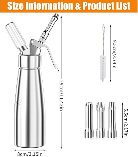 500ml Siphon Crème Chantilly Sans Fuite Professionnel, Syphon Crème Aluminium avec 3 Douilles Acier Inoxydable et 1 Brosse Nettoyage, Siphon Cuisine pour Gâteaux, Desserts, Mousses, Pâtisserie, Glacée - Nail Gallerys