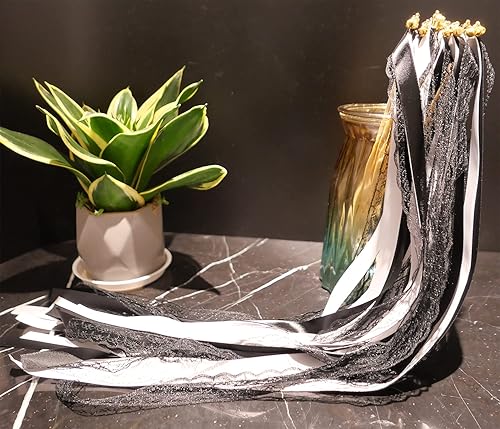 Duories Lot de 30 baguettes magiques de mariage avec clochettes, dentelle serpentins en soie, ruban en dentelle pour mariage, fête prénatale, anniversaire, vacances, Noël, noir - Nail Gallerys