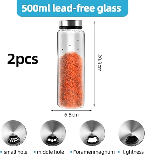 2 Pièces Bocaux à Épices,Lot de 2 pots à épices de 500 ml couvercle rotatif, en verre borosilicate, salière à épices 3 types de trous d'épices en acier inoxydable, convient cuisine, salle à manger - Nail Gallerys