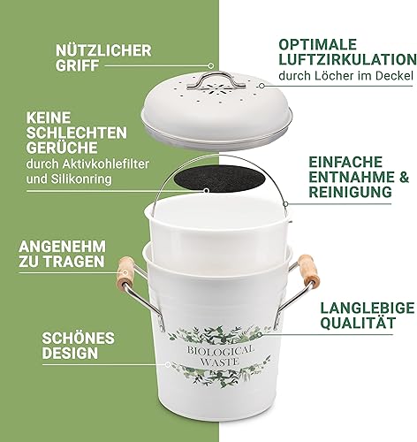 Tante Soe Poubelle à compost avec couvercle, 3 l, avec filtre à charbon actif absorbant et un seau intérieur robuste, pour une élimination pratique des déchets organiques - Nail Gallerys