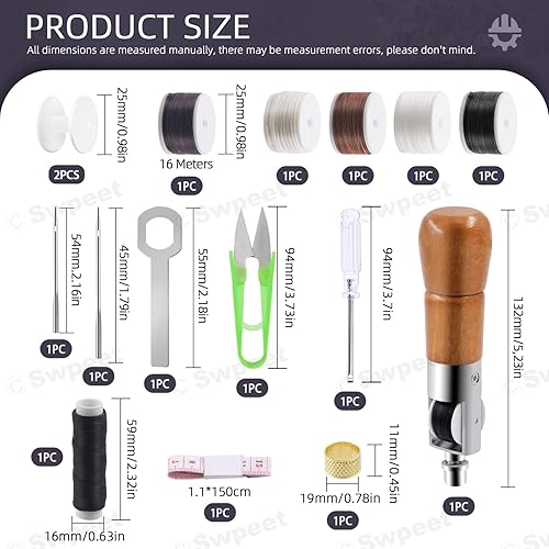 Swpeet Lot de 16 kits de couture pour cuir comprenant la réparation de la couture à la main, du fil ciré, du fil ciré plat, des tournevis, des aiguilles, du mètre ruban, des ciseaux, du dé à coudre, - Nail Gallerys