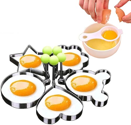 Moule à Omelette en Acier Inoxydable 8 Pièces avec Poignée, Anneau d'Oeuf, 6 Formes Différentes De Moule, Séparateur De Blanc d'Oeuf, Brosse à Huile en Silicone, Ustensiles De Cuisine pour La Friture - Nail Gallerys
