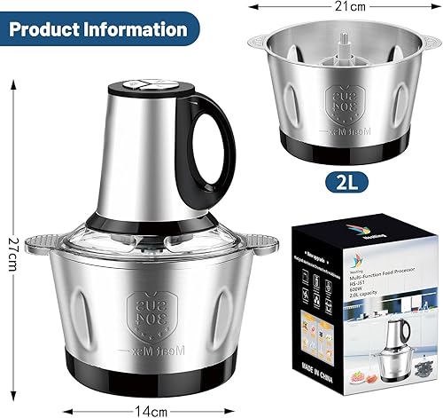 Nestling® Hachoir Électrique 600W,Hachoir à Légumbot Culinaire Broyeur à 4 Lames Tranchantes Pour Viande, et Noix Avec 2L Bol en Acier Inoxydable de Qualité Alimentaire - Nail Gallerys