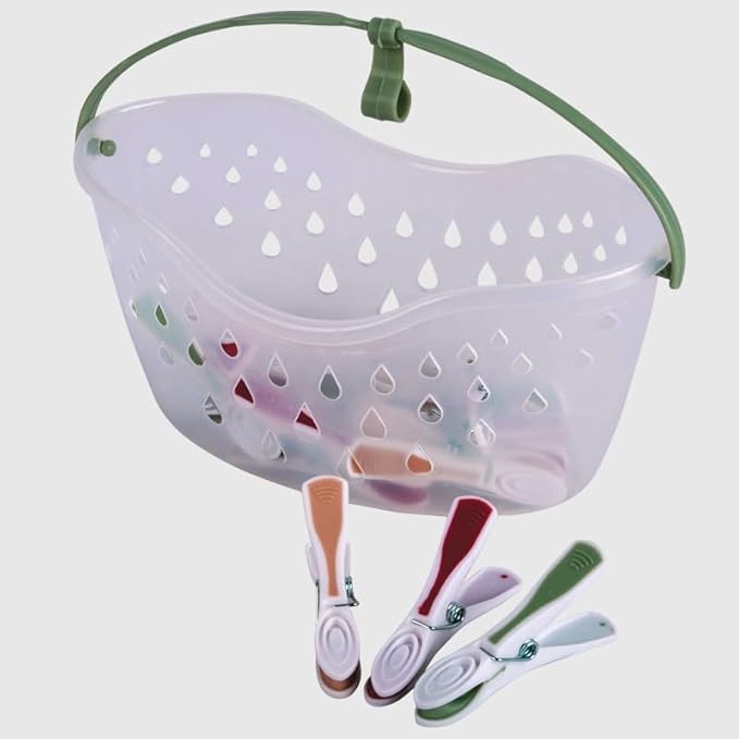 La Briantina Panier Gummy avec 12 Pinces à Linge, Panier en Plastique et pincettes antidérapantes, poignée et Crochet pour Suspendre, 23 x 13 x 11 cm - Nail Gallerys