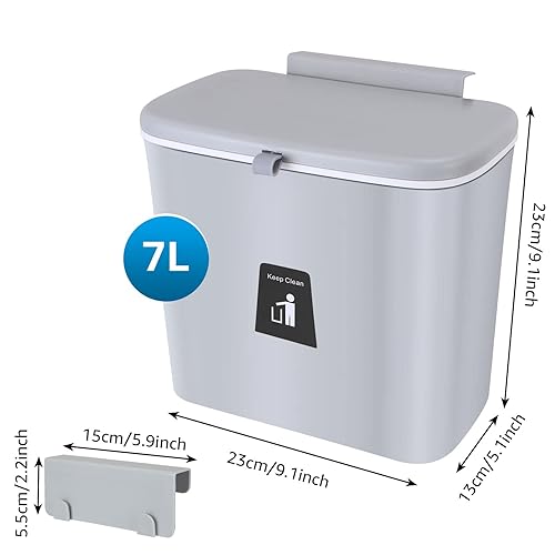 GOYADA 7L Poubelle Cuisine Suspendue, 25 x 23.7 x 13 CM Poubelle Murale Cuisine avec Couvercle Coulissant, Poubelle Cuisine à Accrocher pour Voiture Placard Cuisine Salle de Bain - Gris - Nail Gallerys
