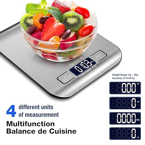 Balance de Cuisine Electronique, Balance Alimentaire Numérique en Acier inoxydable de Précision de 1 g, Capacité de 5kg/ 11lb, Écran Rétroéclairé - Nail Gallerys