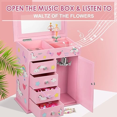 Redcoutt Boîte à bijoux pour fille avec 5 couches, porte battante, ballerine rotative, licorne et château, cadeau d'anniversaire pour fille - Nail Gallerys