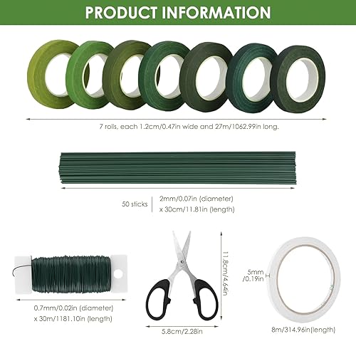 GUOYIHUA Lot de 11 outils d'arrangement floral, 7 styles de ruban de fleuriste vert, 27 m/rouleau, ruban crêpé, fil floral, fil de bricolage, ciseaux de bricolage, pour bouquets, travaux floraux, - Nail Gallerys