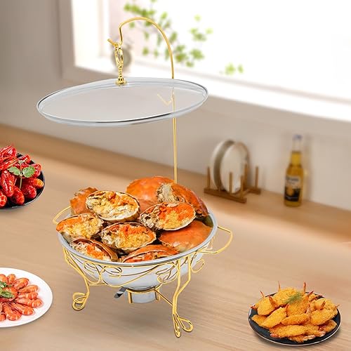 Chauffe-plat rond en acier inoxydable - 6 l - Récipient chauffant amovible avec poignée, crochet, couvercle transparent - Chauffe-soupe pour buffets, fêtes, restaurants (doré) - Nail Gallerys