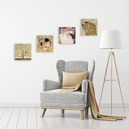 DìMò ART Gustav Klimt Lot de 4 tableaux modernes 30 x 30 cm cadauno Impression sur toile pour décoration d'art classique pour cuisine, chambre à coucher, salon, bar, bureau, restaurant - Nail Gallerys