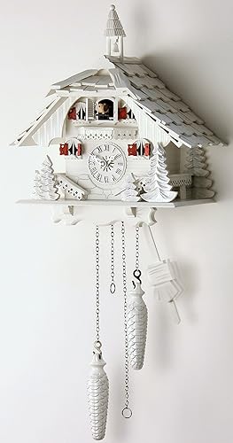 Eble 23096 Horloge à coucou en bois véritable avec mouvement à quartz alimenté par pile Maison de la Forêt-Noire Blanc 30 cm - Nail Gallerys