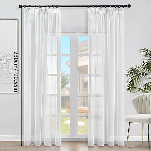 Rideau Voilage, Lot de 2 Rideaux à Panneaux Blancs, Rideaux Transparents en Polyester, 120 x 140 cm avec Volants pour Salon, Chambre - Nail Gallerys