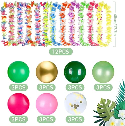 YAOYIN 118 Pcs Hawaïenne Luau Table Jupe Set de Décoration, Decoration Anniversaire Tropical, Feuilles de Palmier, Collier Fleurs Hawaïenne, Ballons, pour Beach Décorations de Fête à Thème Hawaïenne - Nail Gallerys