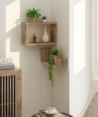 SUMGAR Etagère d'angle en Bois Lot de 3, Étagères Murales Flottantes de Rangement Brun, Support Mural Stable Suspendue Longueur 41,5 cm Décoration pour Salon Salle de Bain Cuisine Bureau - Nail Gallerys