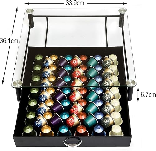 Amtido Tiroir de rangement de dosettes avec verre trempé en cristal – Peut contenir 42 capsules de café – Superbe support pour la présentation et l’organisation - Nail Gallerys