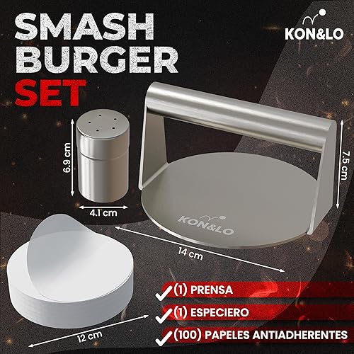 KON&LO Smash Burger Kit | Presse-hamburger | Set comprenant une épice et 100 papiers antiadhésifs | Moule en acier inoxydable pour faire des hamburgers professionnels. - Nail Gallerys