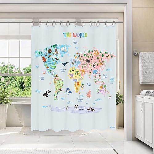 BASHOM BSC-615 Carte mondiale des animaux Douche Curtain pour enfants imperméable Salle de bain décoratrice 71''x71'' (180x180cm) Polyester Tissu avec 12 Hooks Couleurs Animaux éducatifs Liner - Nail Gallerys