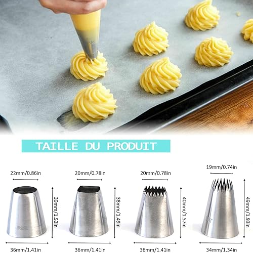 XOPOZON Jeu de 4 Grandes Douilles à Pâtisserie Professionnelles (F06, F02, R22L, 9FT) Douille Patisserie Carrées et Rondes pour Gâteaux, Biscuits, Compatible avec Poche à Douille Patisserie - Nail Gallerys