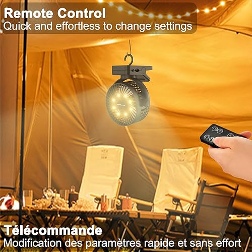 GOBRILLFUN Ventilateur à pince de 15,2 cm (6 pouces) 12000 mAh avec télécommande, rechargeable par USB avec lumières LED, 3 vitesses, ventilateur à piles avec minuterie (noir profond) (6 Inch) - Nail Gallerys