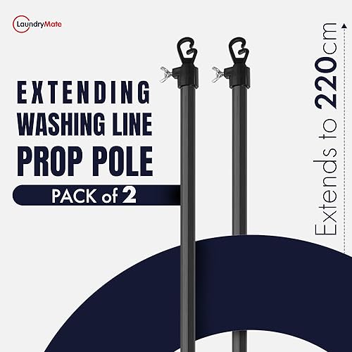 Laundry Mate Lot de 2 perches télescopiques pour corde à linge - Réglable - 220 cm - Mécanisme Twist & Lock - Crochet en forme de G - Résistant à la rouille - Support robuste pour séchoir à linge et - Nail Gallerys
